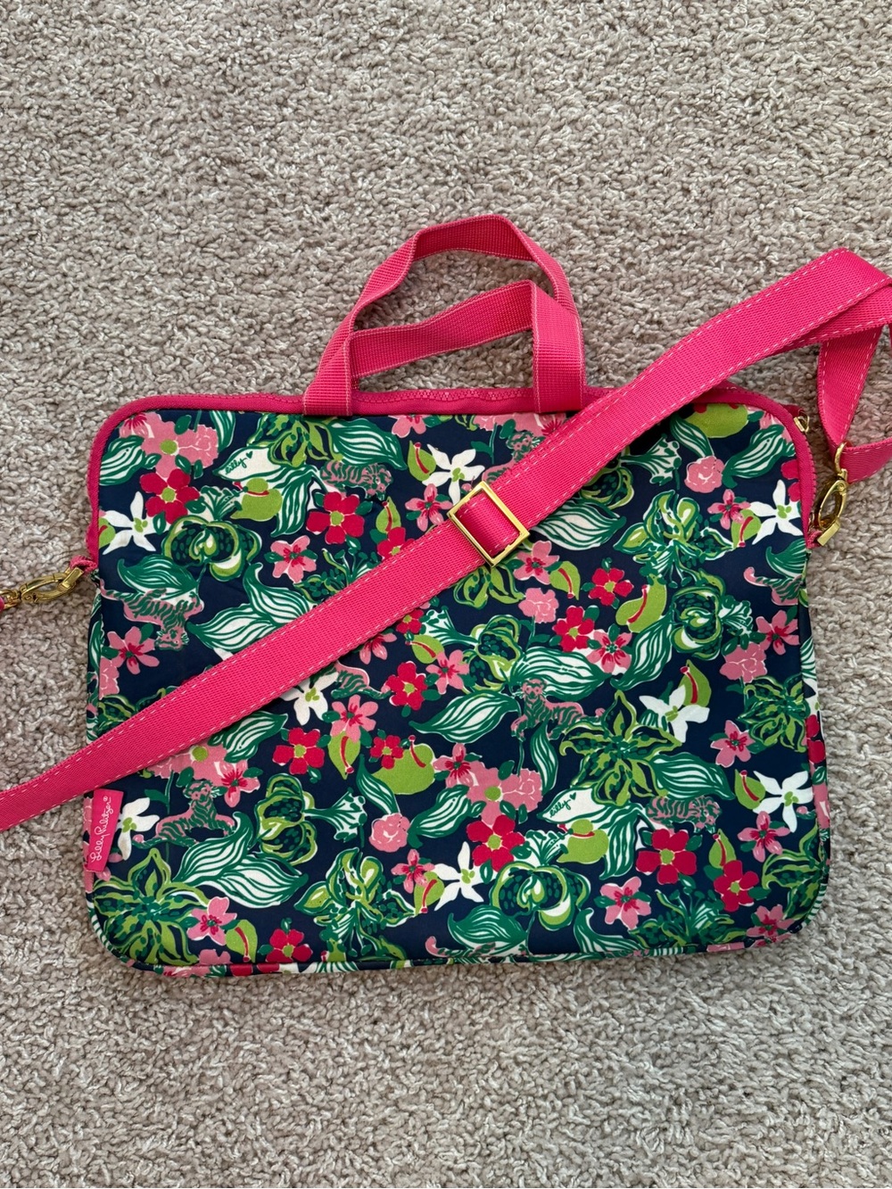 Lilly Pulitzer Navy Floral Laptop Bag with Pink Strap